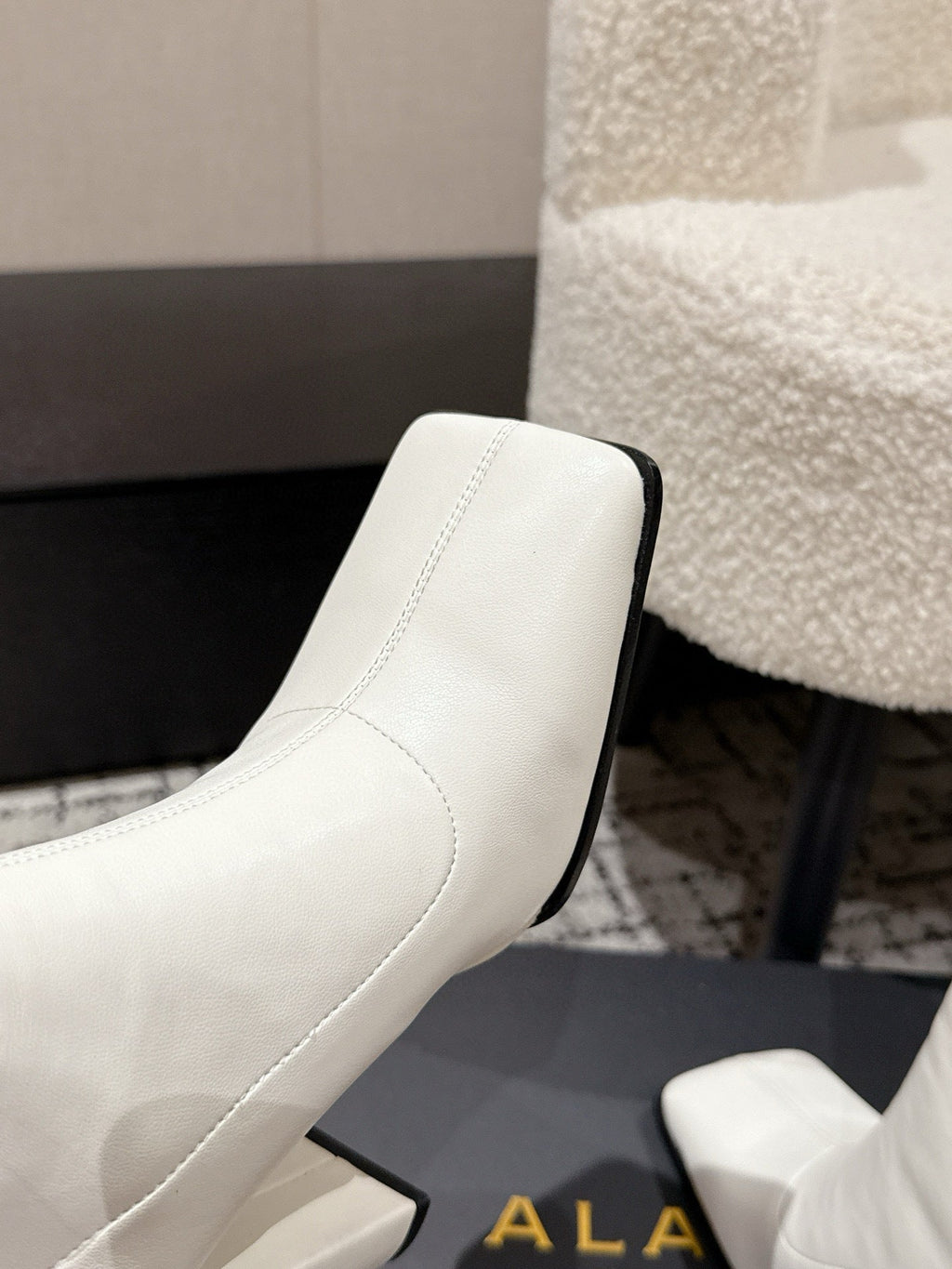 Alaia 2025 Square Toe High Heeled Ankle Boot White Calfskin 558667