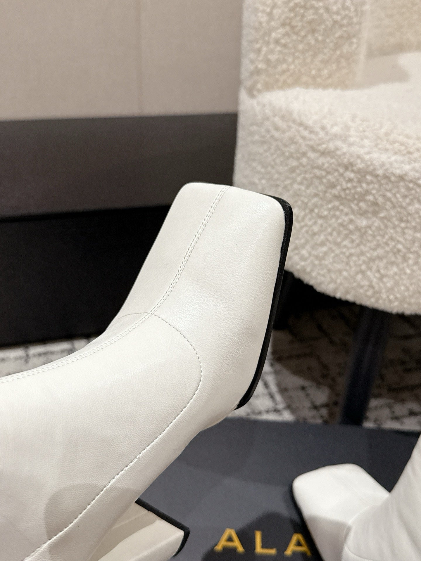 Alaia 2025 Square Toe High Heeled Ankle Boot White Calfskin 558667