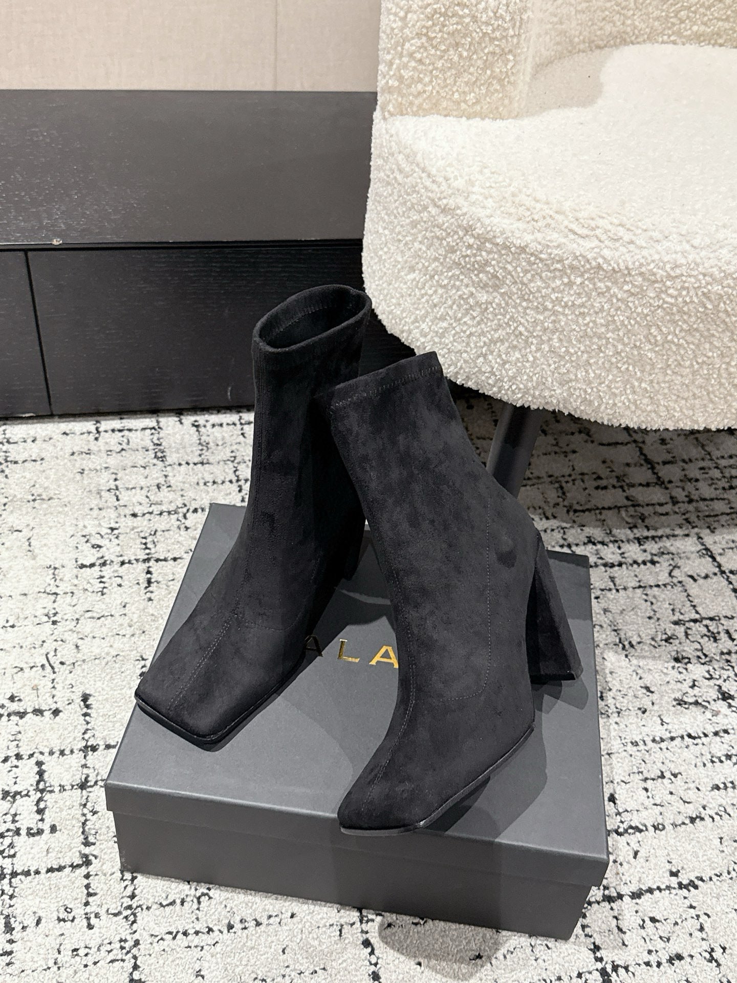 Alaia 2025 Square Toe High Heeled Ankle Boot Black Suede 558668