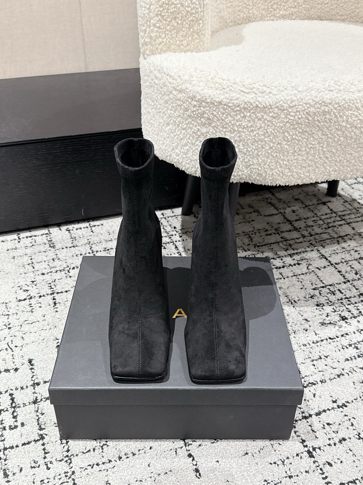 Alaia 2025 Square Toe High Heeled Ankle Boot Black Suede 558668