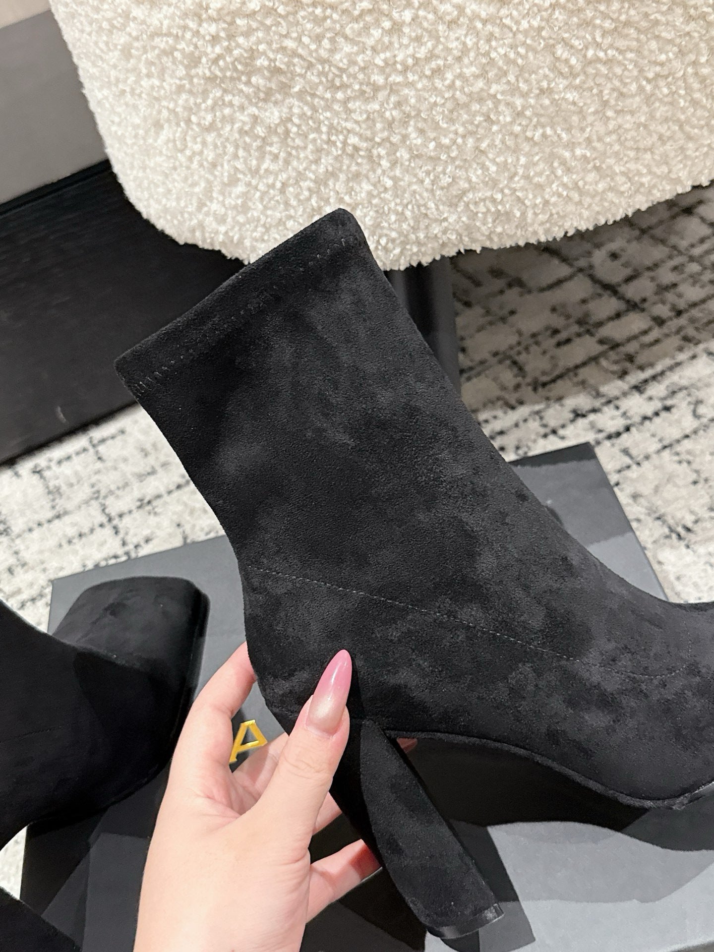 Alaia 2025 Square Toe High Heeled Ankle Boot Black Suede 558668