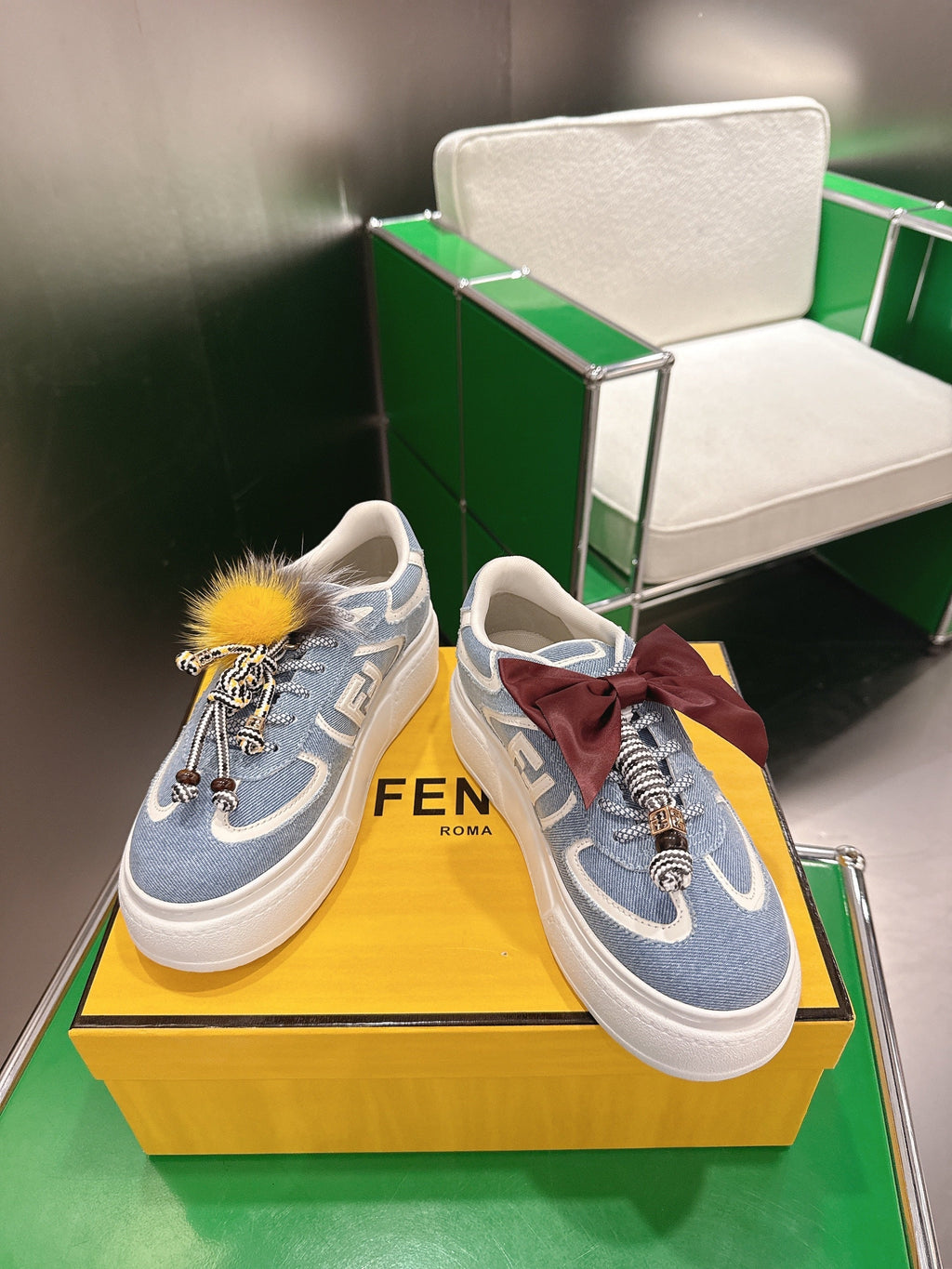 Fendi 2025 Match Platform Sneakers Blue White Denim Fabric 562577