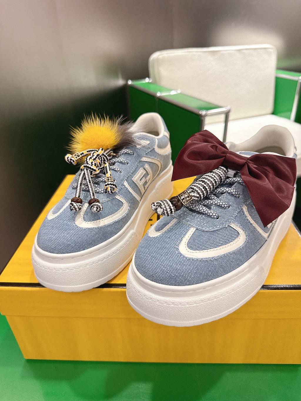 Fendi 2025 Match Platform Sneakers Blue White Denim Fabric 562577