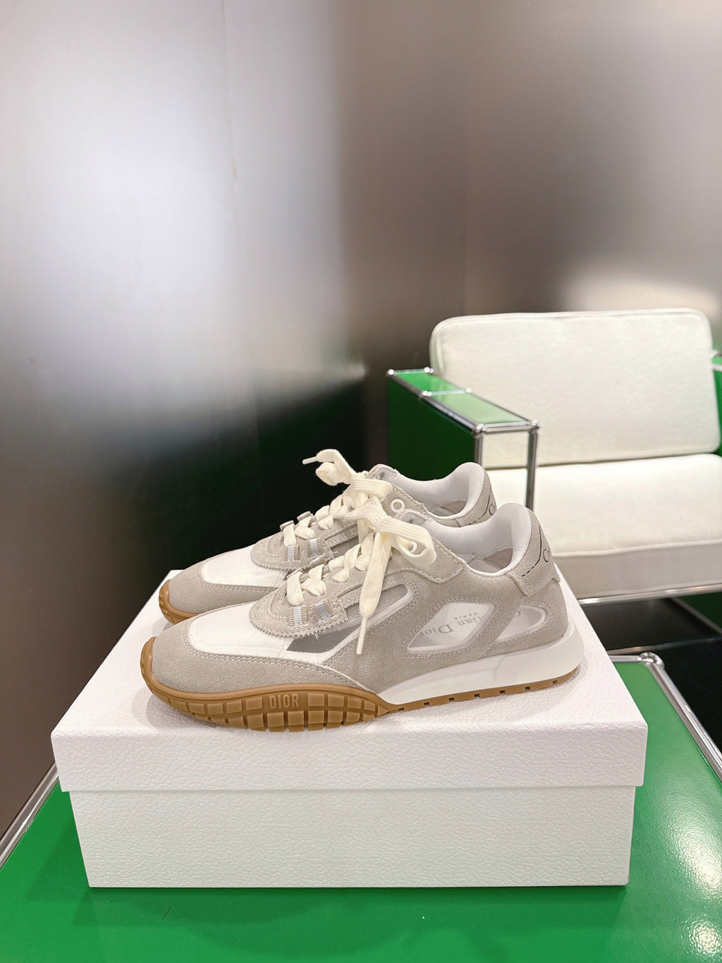 CD Tech Sneakers White Pale Taupe Cowhide Mesh Suede 562671