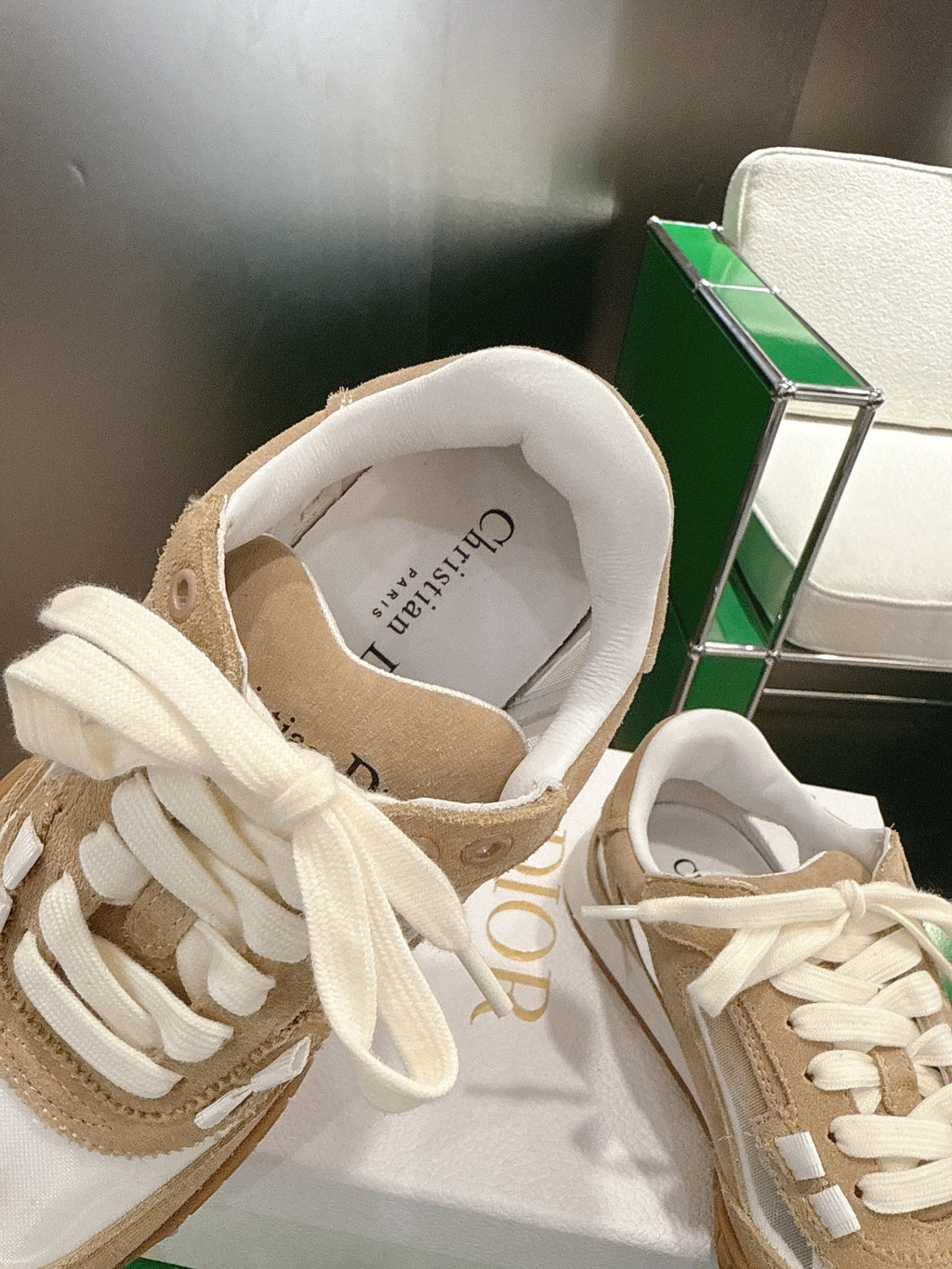 CD Tech Sneakers White Light Brown Cowhide Mesh Suede 562672