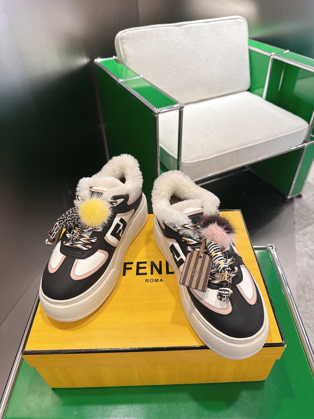 Fendi 2025 Match Platform Sneakers Black Leather Wool 562578