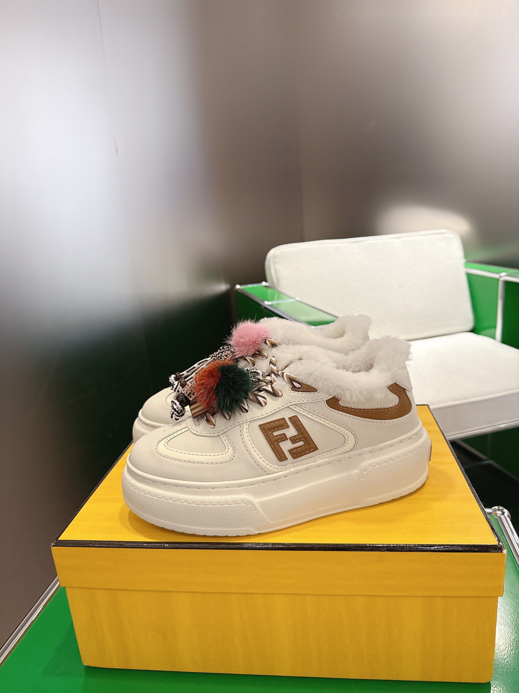 Fendi 2025 Match Platform Sneakers White mix Brown Leather Wool 562579