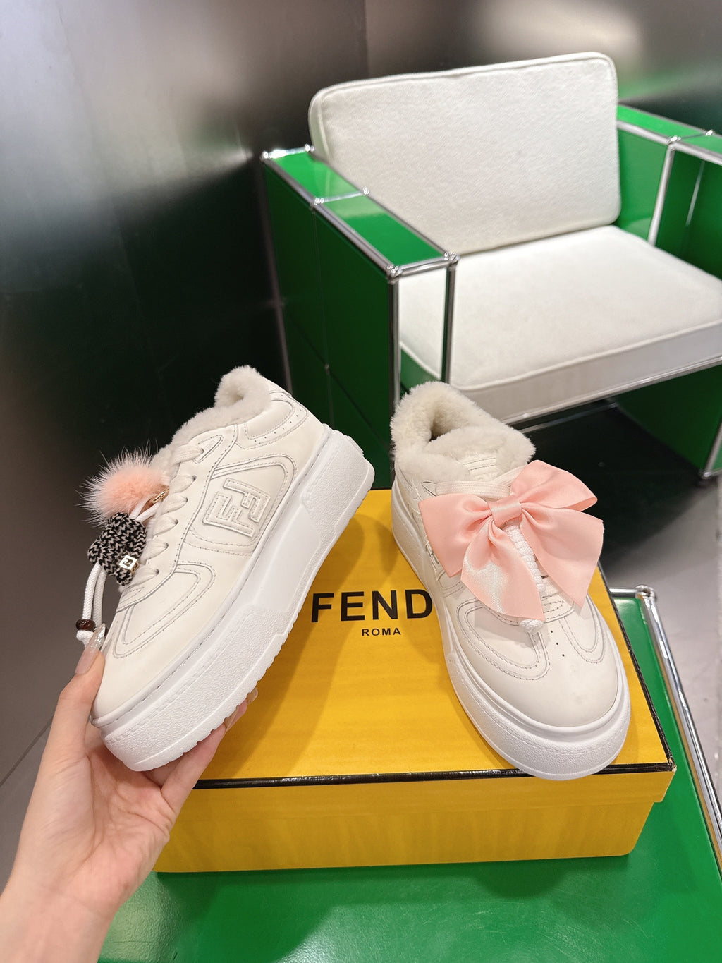 Fendi 2025 Match Platform Sneakers White Leather Wool 562581