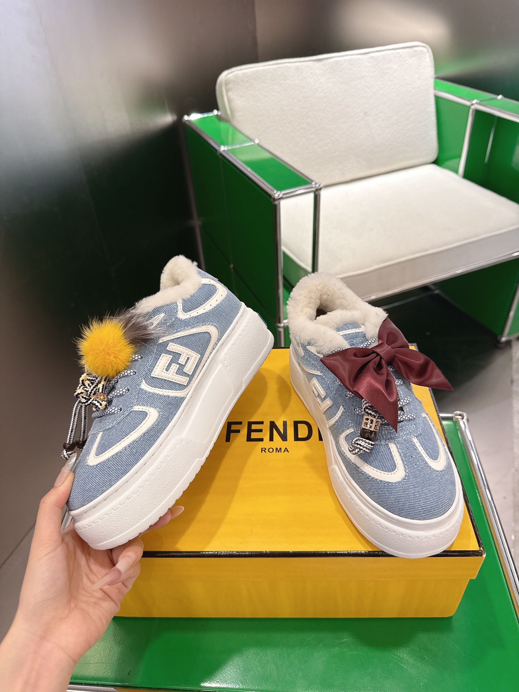Fendi 2025 Match Platform Sneakers Blue White Denim Fabric Wool 562583