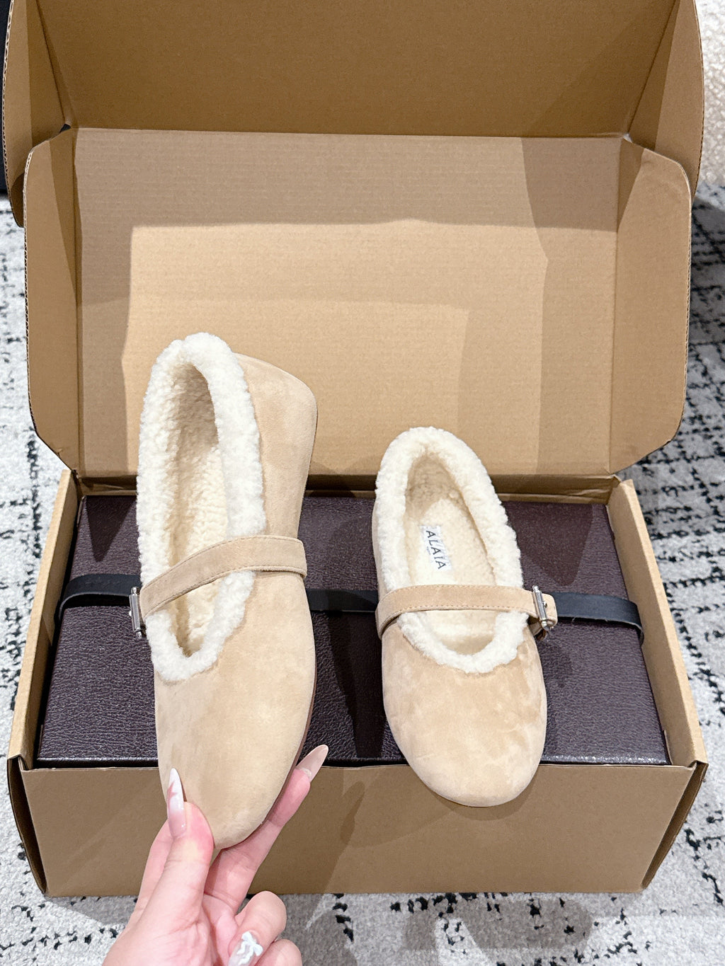 Alaia 2025 Ballet Flat Beige White Suede Wool 558671