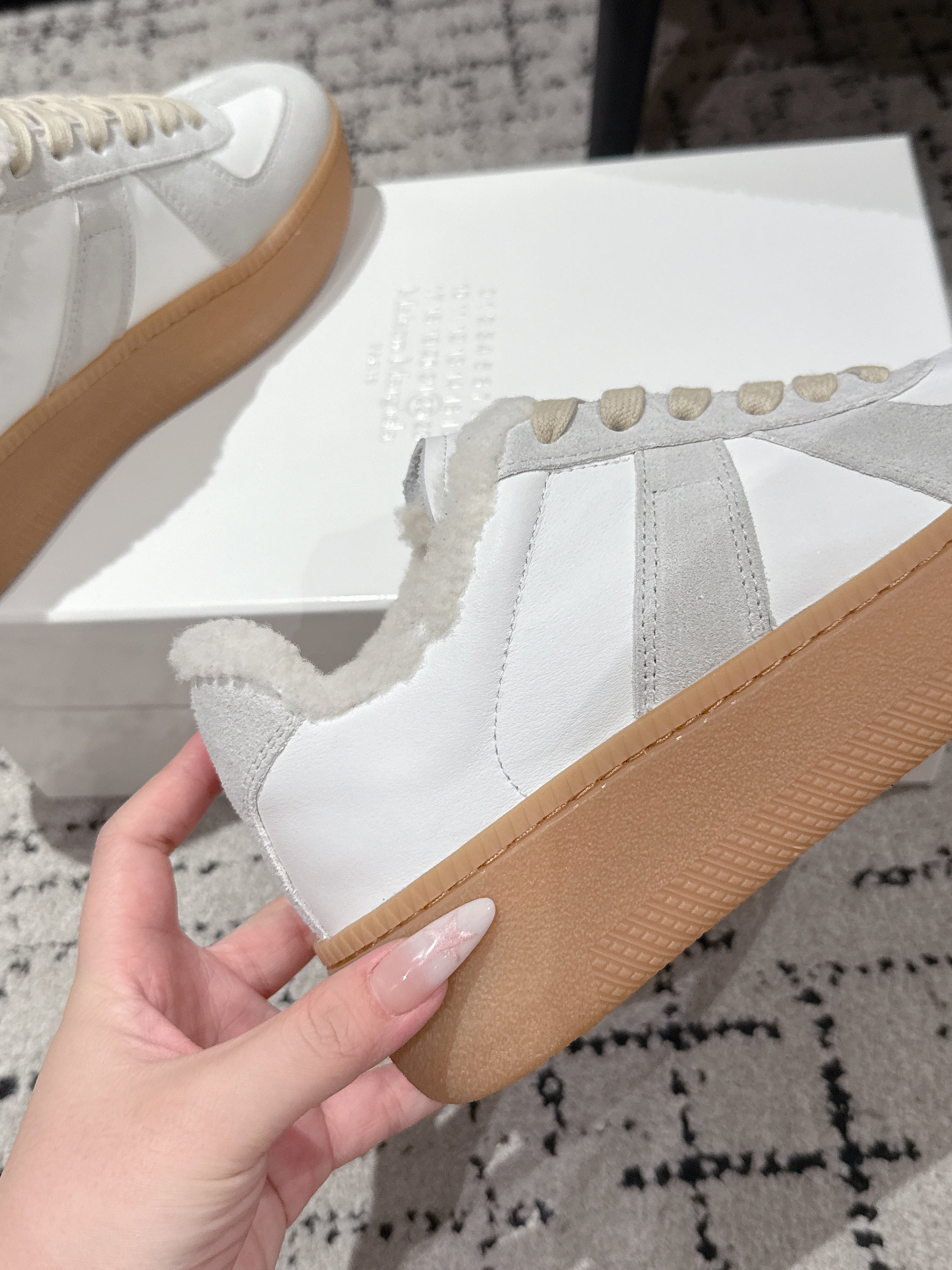 MM Platform German Training Shoes 50mm Light Grey White Suede Sheepskin Fur 558415