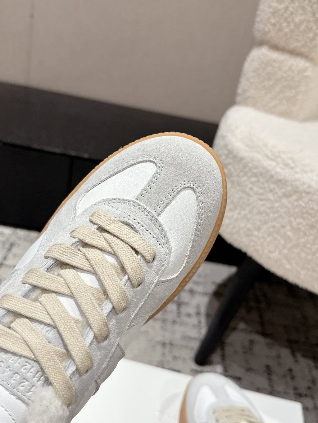 MM Platform German Training Shoes 50mm Light Grey White Suede Sheepskin Fur 558415