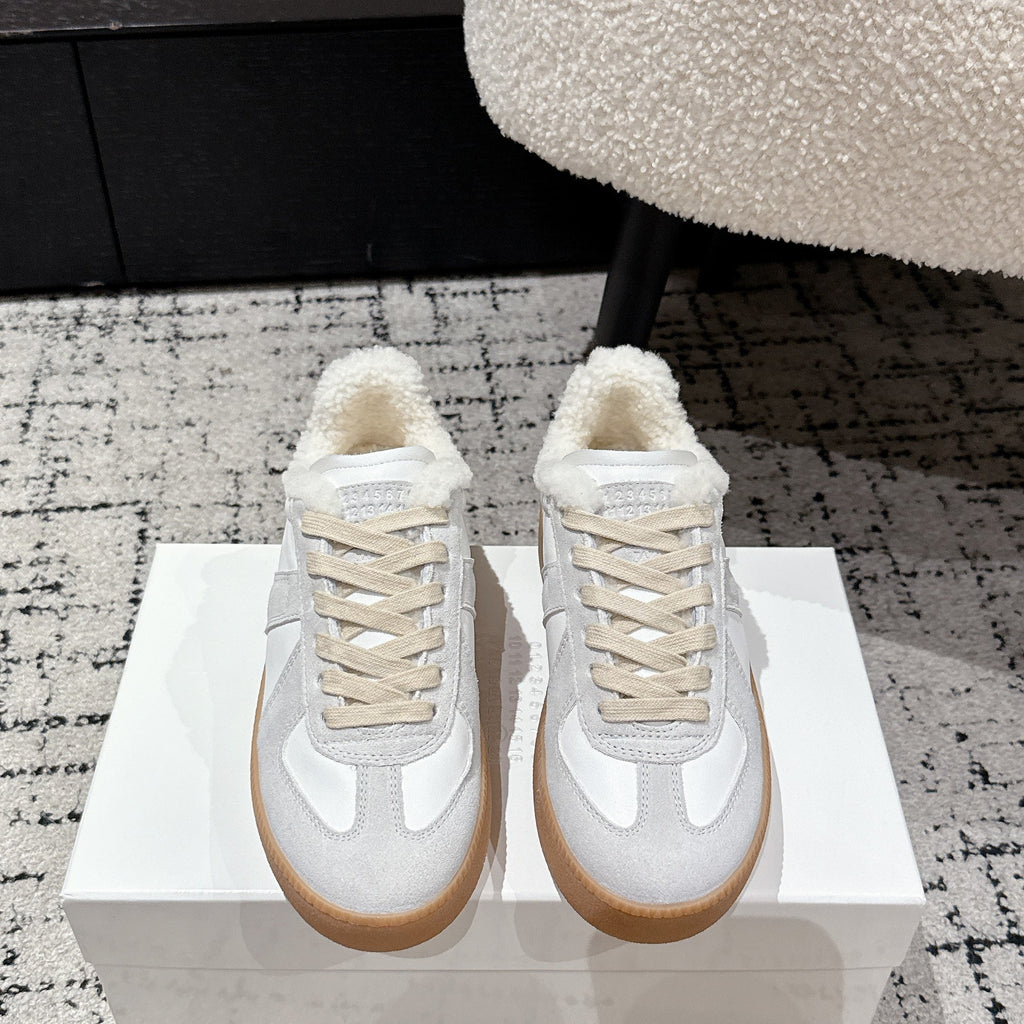 MM Platform German Training Shoes 50mm Light Grey White Suede Sheepskin Fur 558415