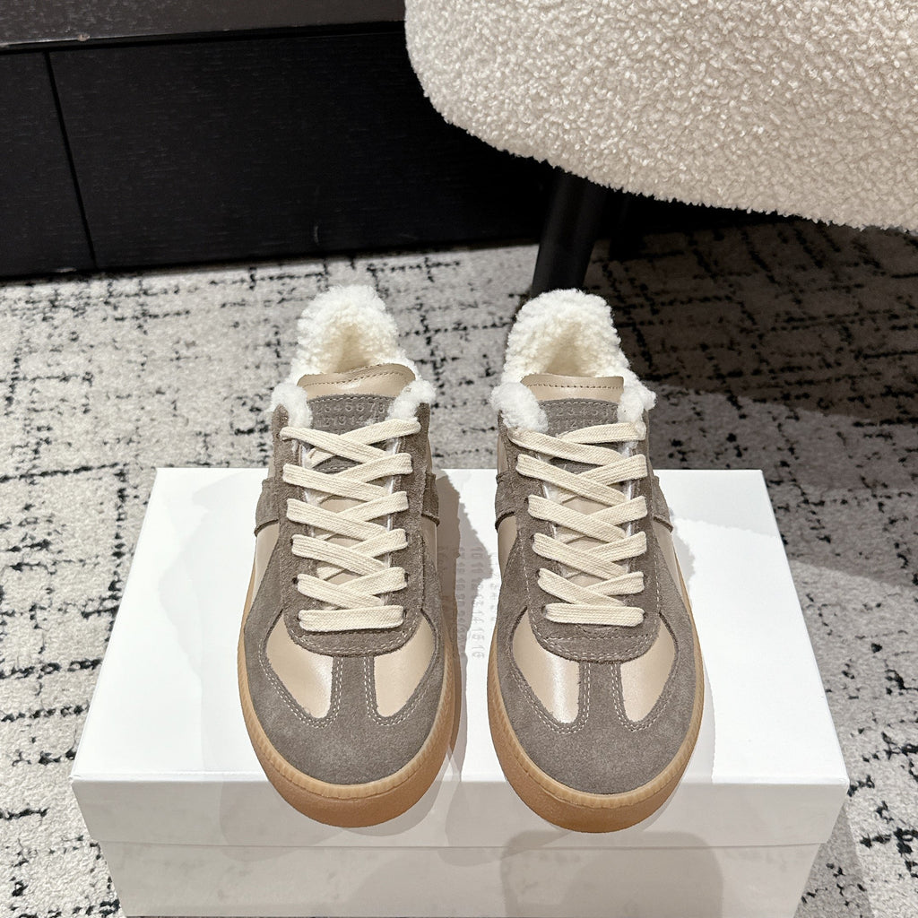 MM Platform German Training Shoes 50mm Warm Taupe Suede Sheepskin Fur 558417