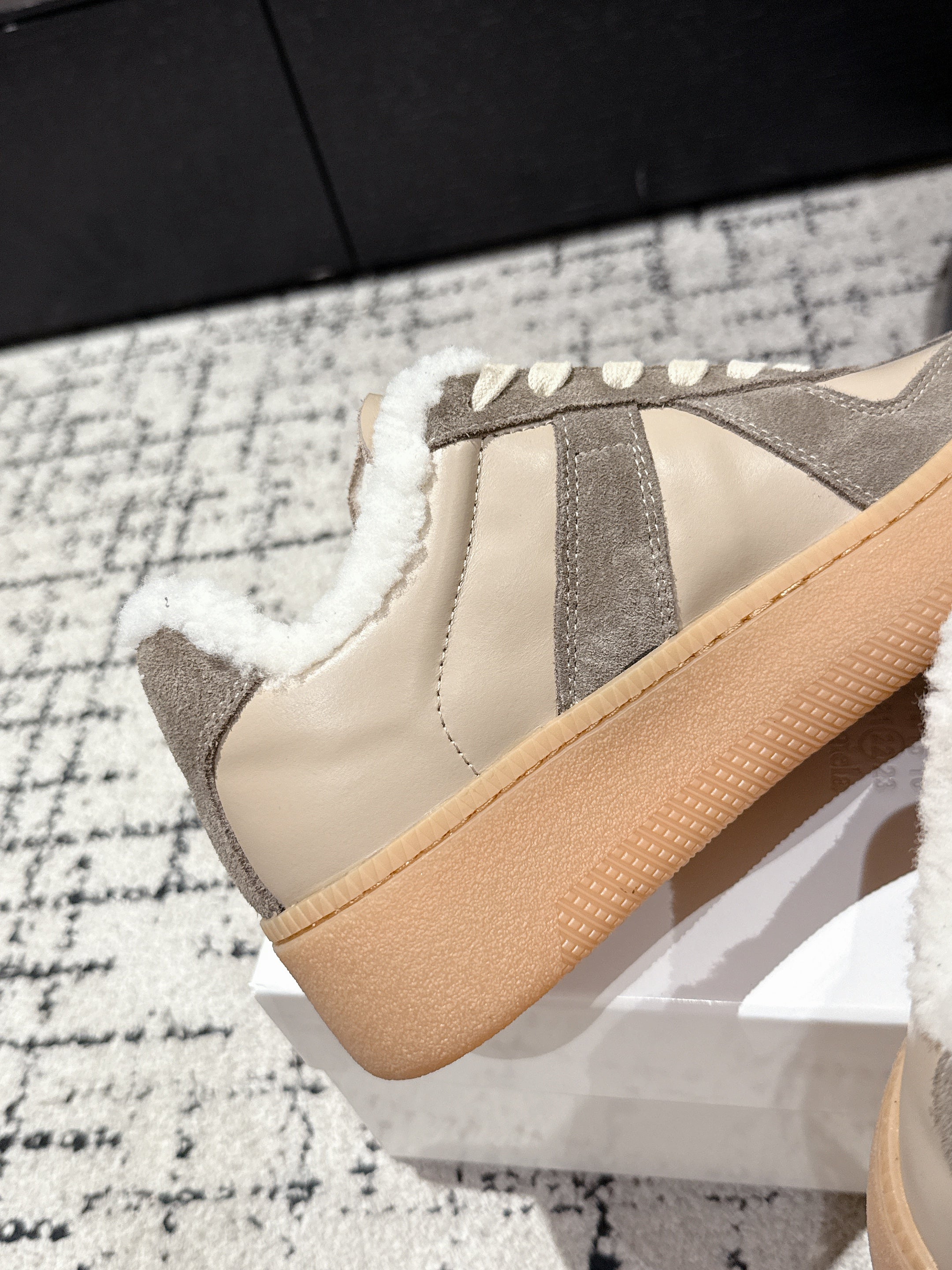 MM Platform German Training Shoes 50mm Warm Taupe Suede Sheepskin Fur 558417