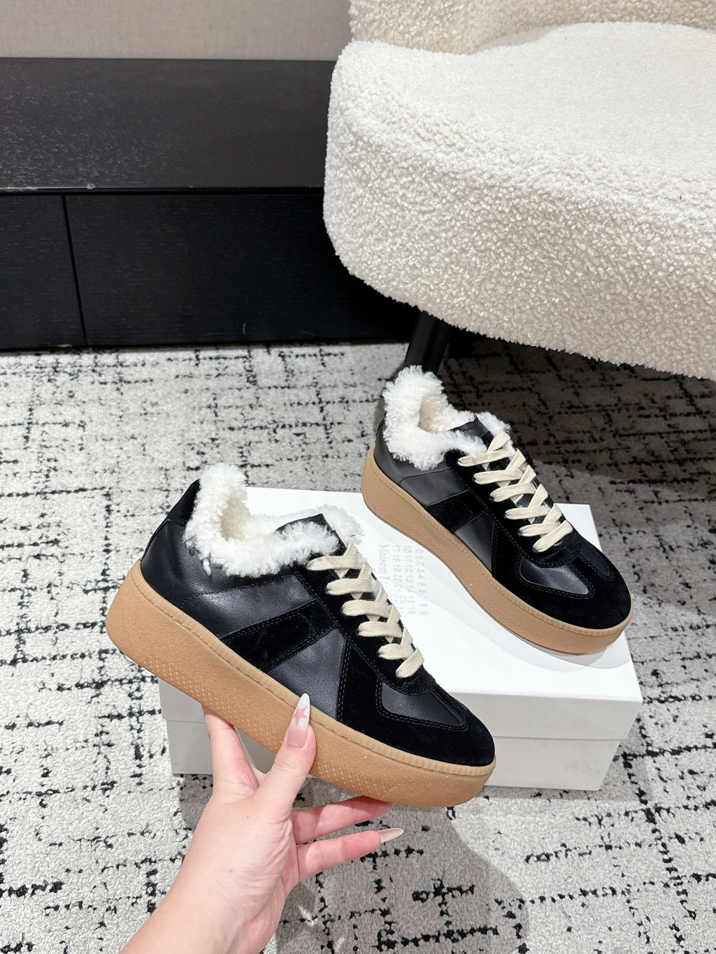 MM Platform German Training Shoes 50mm Black Suede Sheepskin Fur 558418