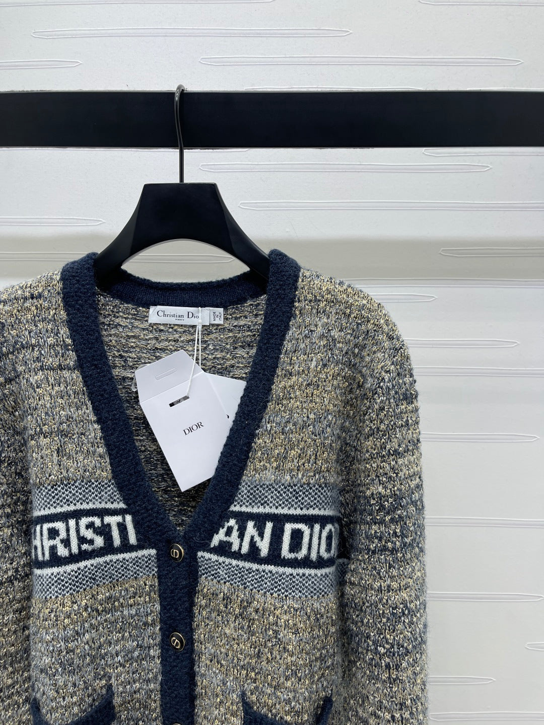 Dior 2025 V-neck Cardigan Beige mix Navy Blue Wool 321292