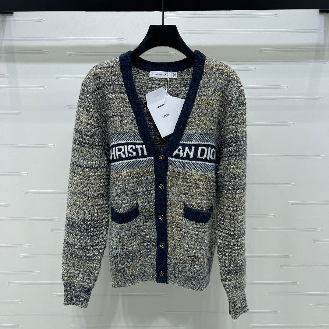 Dior 2025 V-neck Cardigan Beige mix Navy Blue Wool 321292