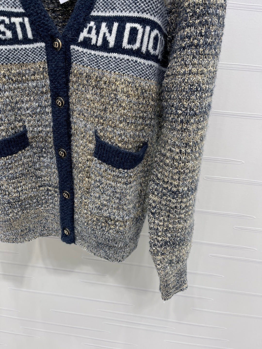 Dior 2025 V-neck Cardigan Beige mix Navy Blue Wool 321292