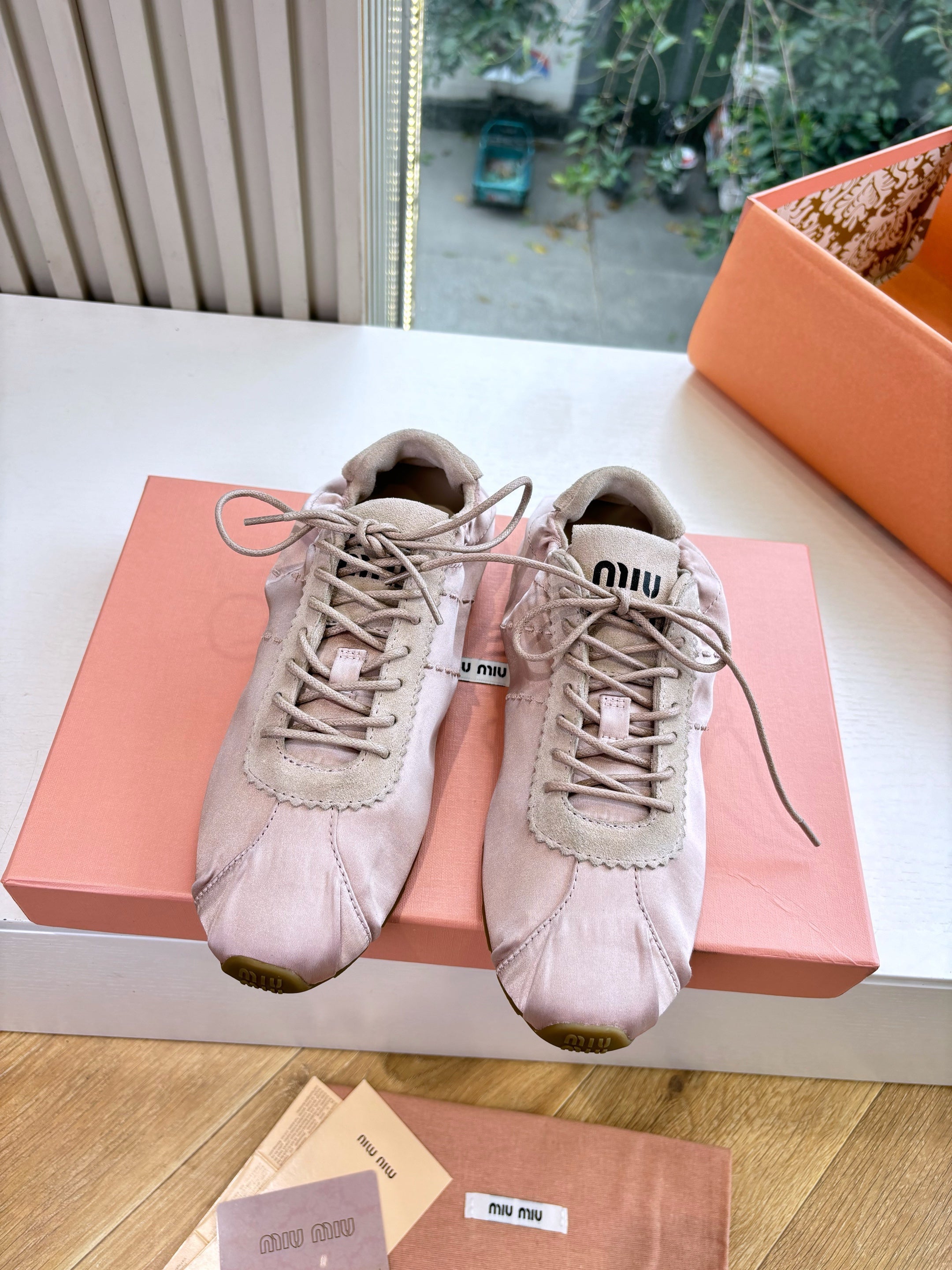 Miu Plume Sneakers Lavender Blush Satin Suede 549131