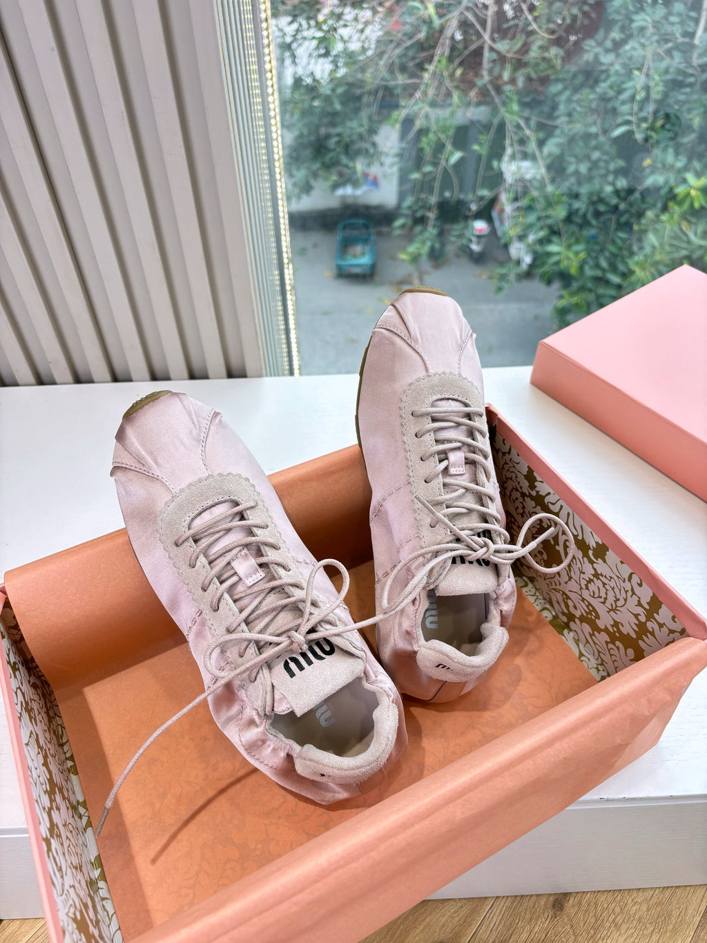 Miu Plume Sneakers Lavender Blush Satin Suede 549131