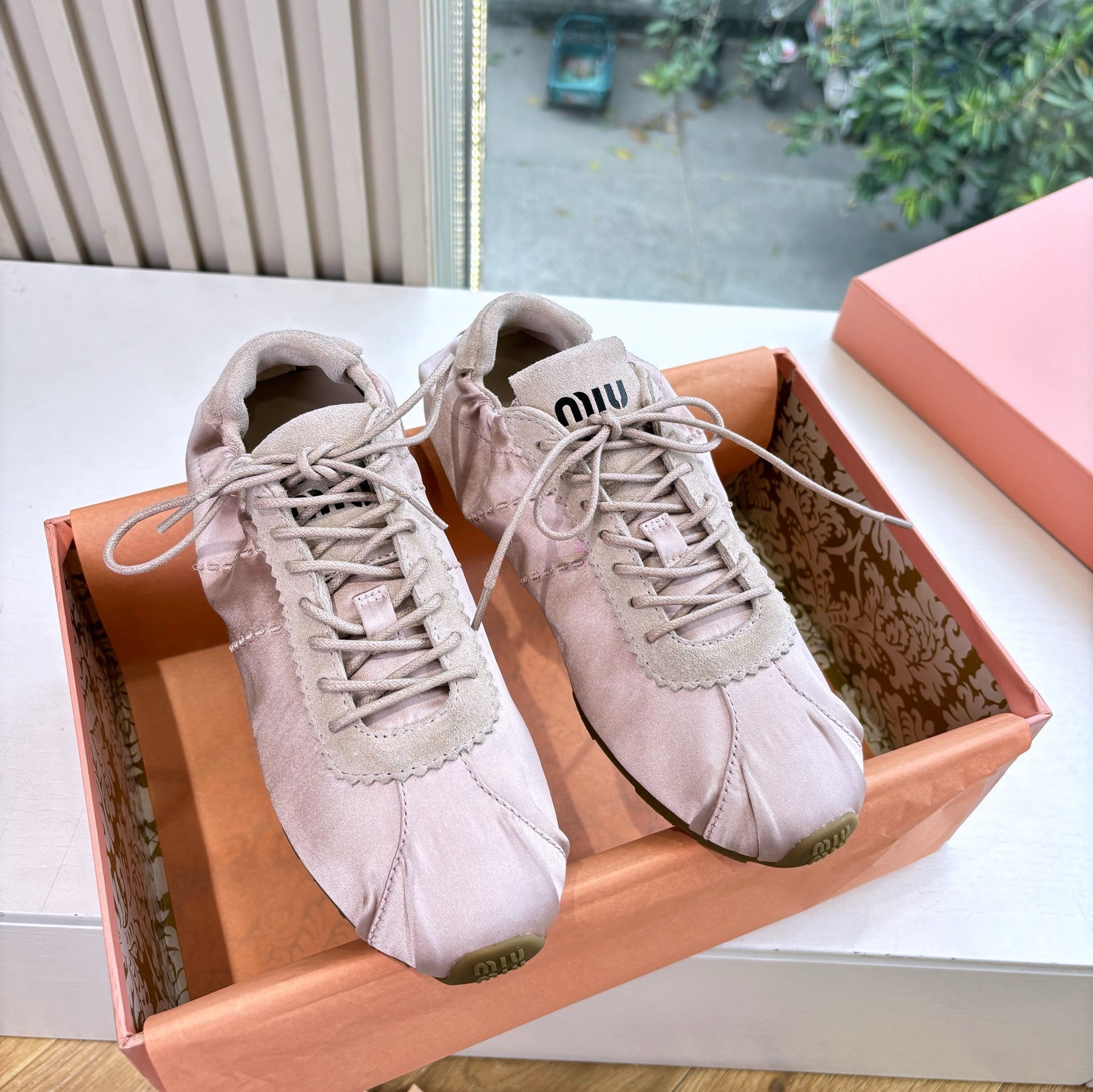 Miu Plume Sneakers Lavender Blush Satin Suede 549131