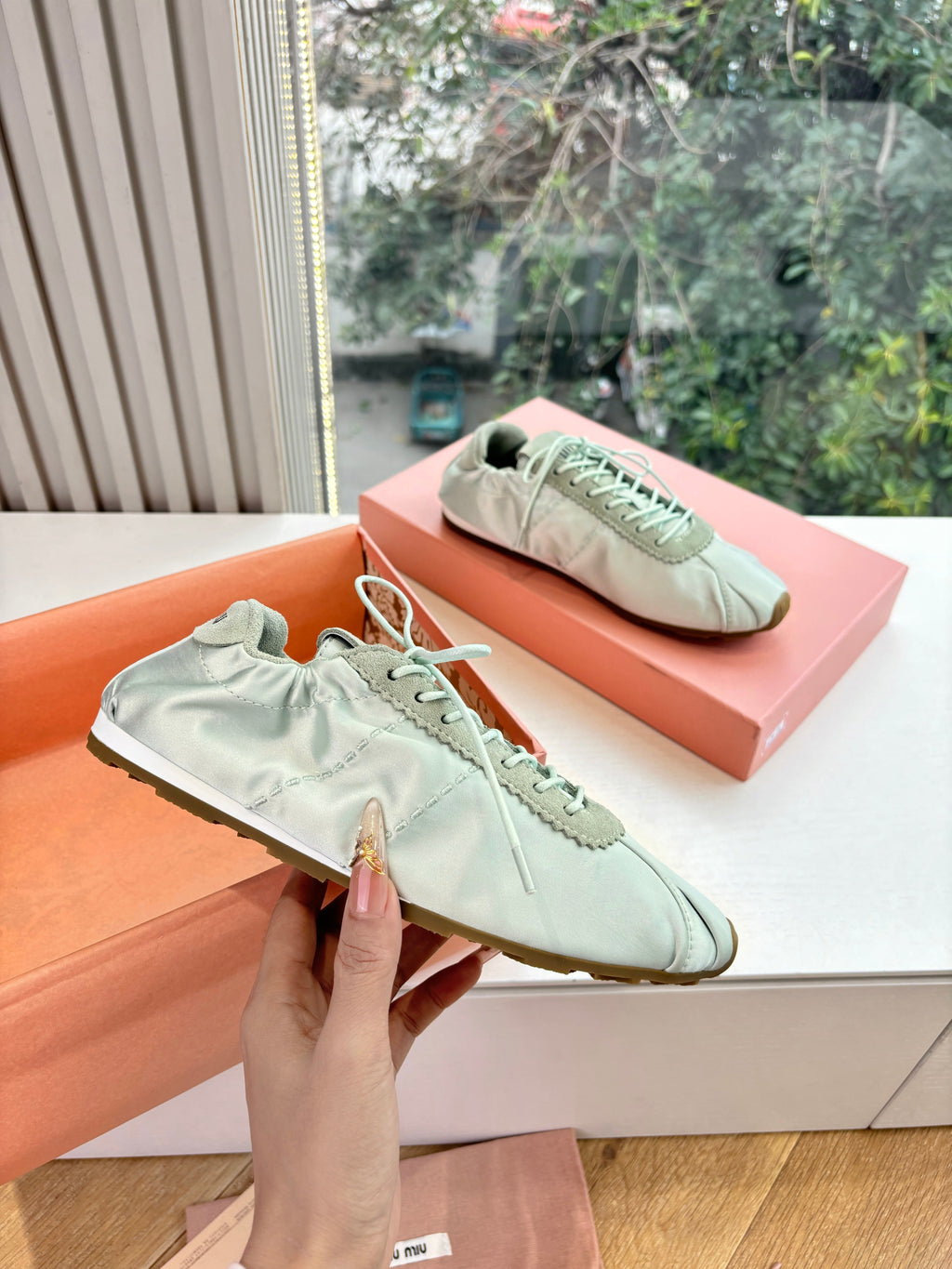 Miu Plume Sneakers Light Sage Satin Suede 549134