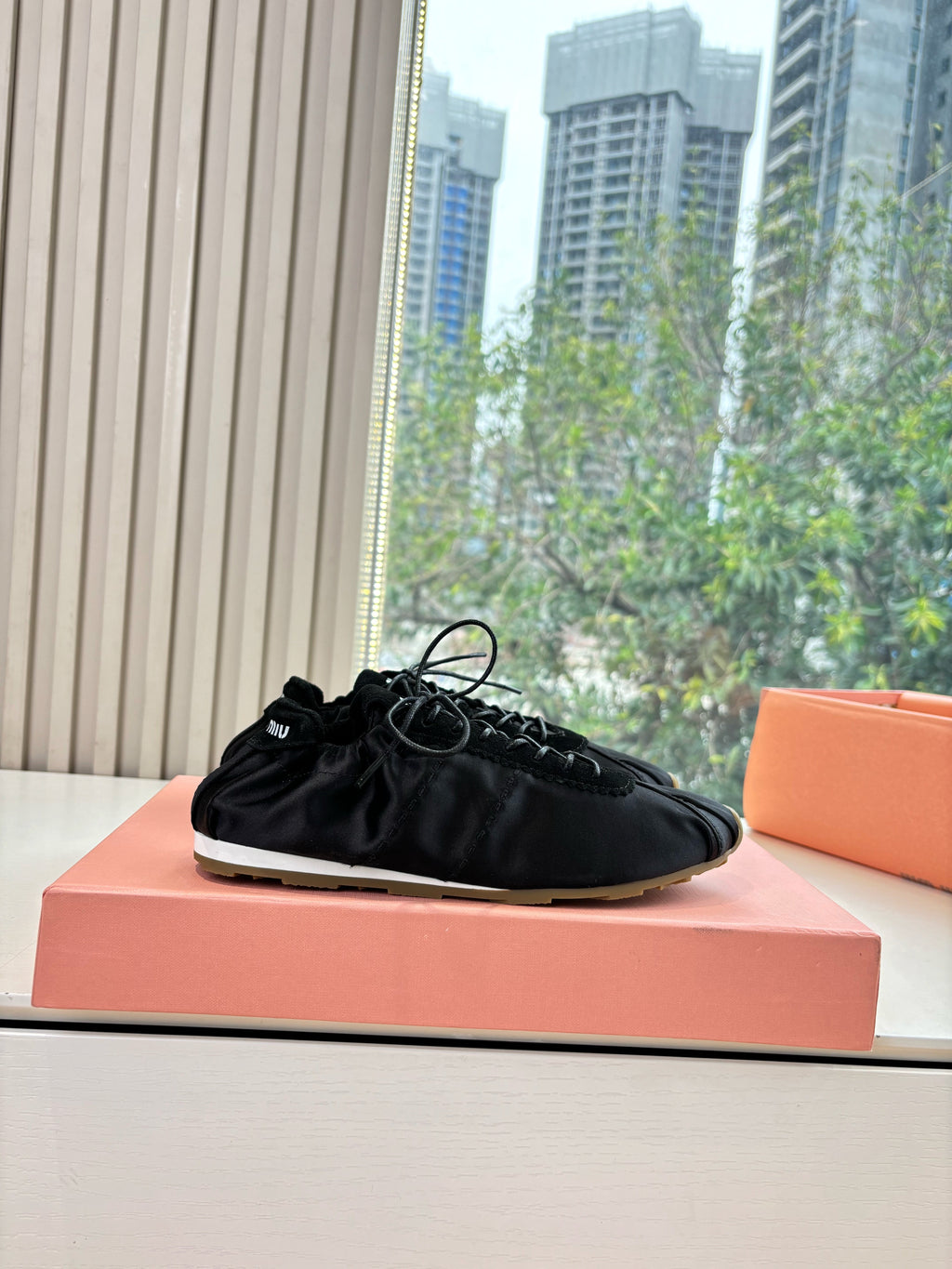 Miu Plume Sneakers Black Satin Suede 549132