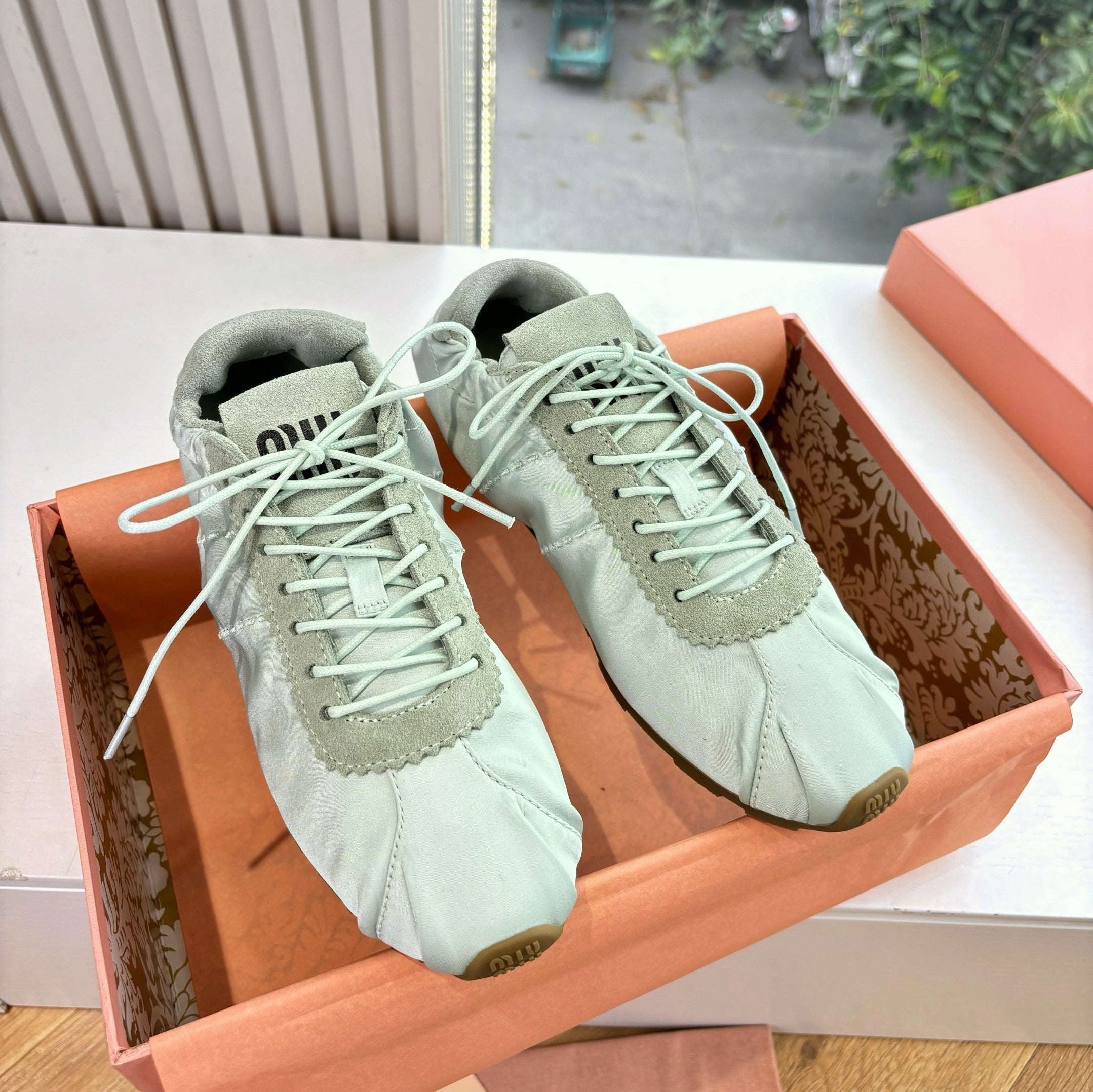 Miu Plume Sneakers Light Sage Satin Suede 549134