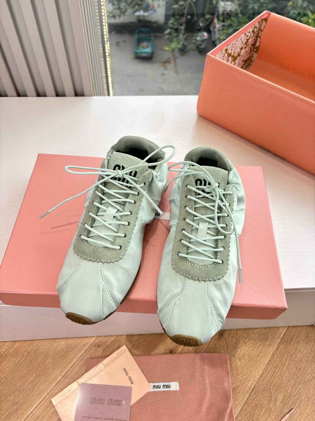 Miu Plume Sneakers Light Sage Satin Suede 549134