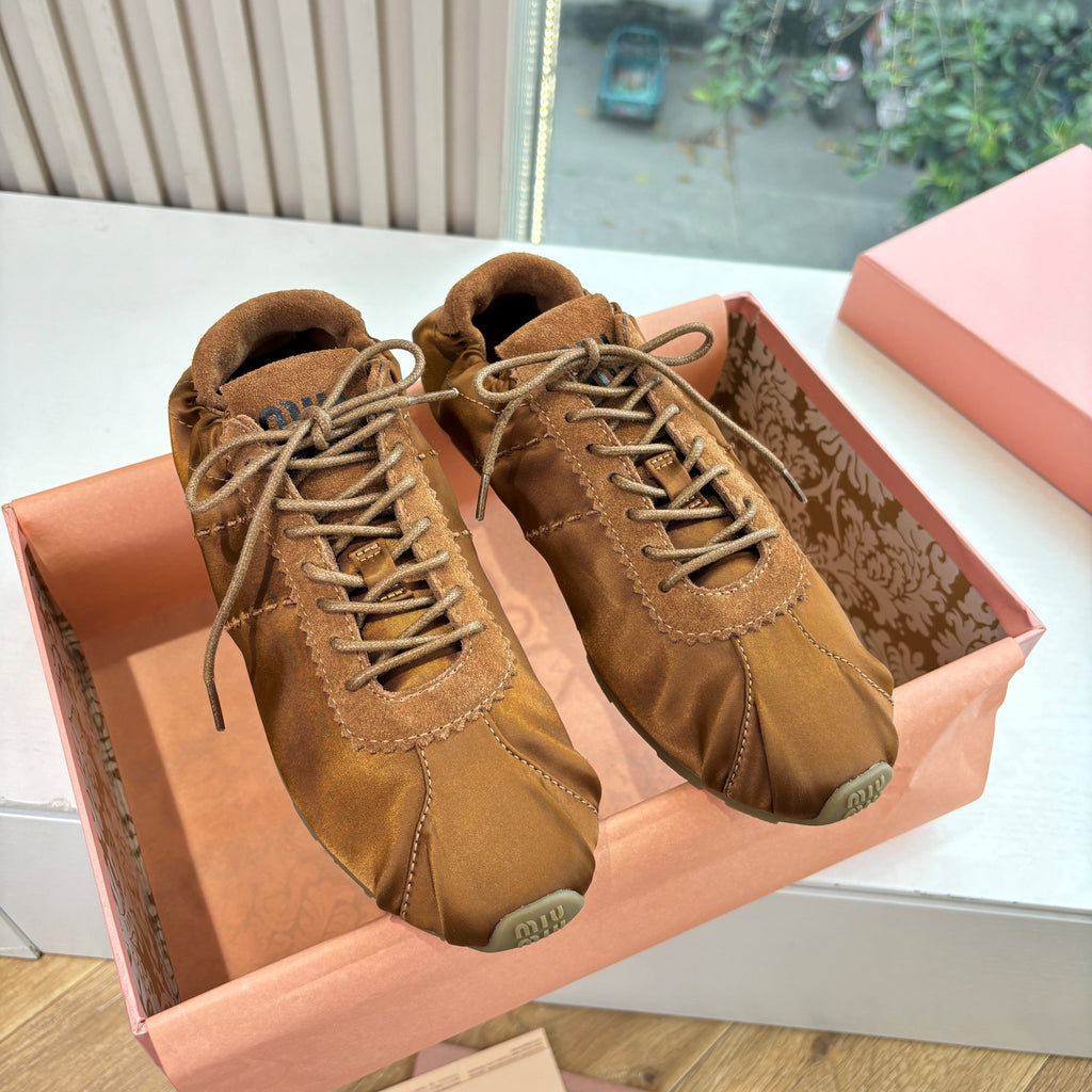 Miu Plume Sneakers Brown Satin Suede 549135