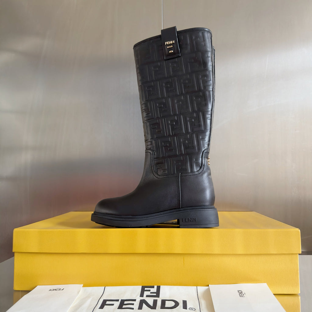 Fendi 2025 Monogram Embossed Long Boot Black Sheepskin 553110