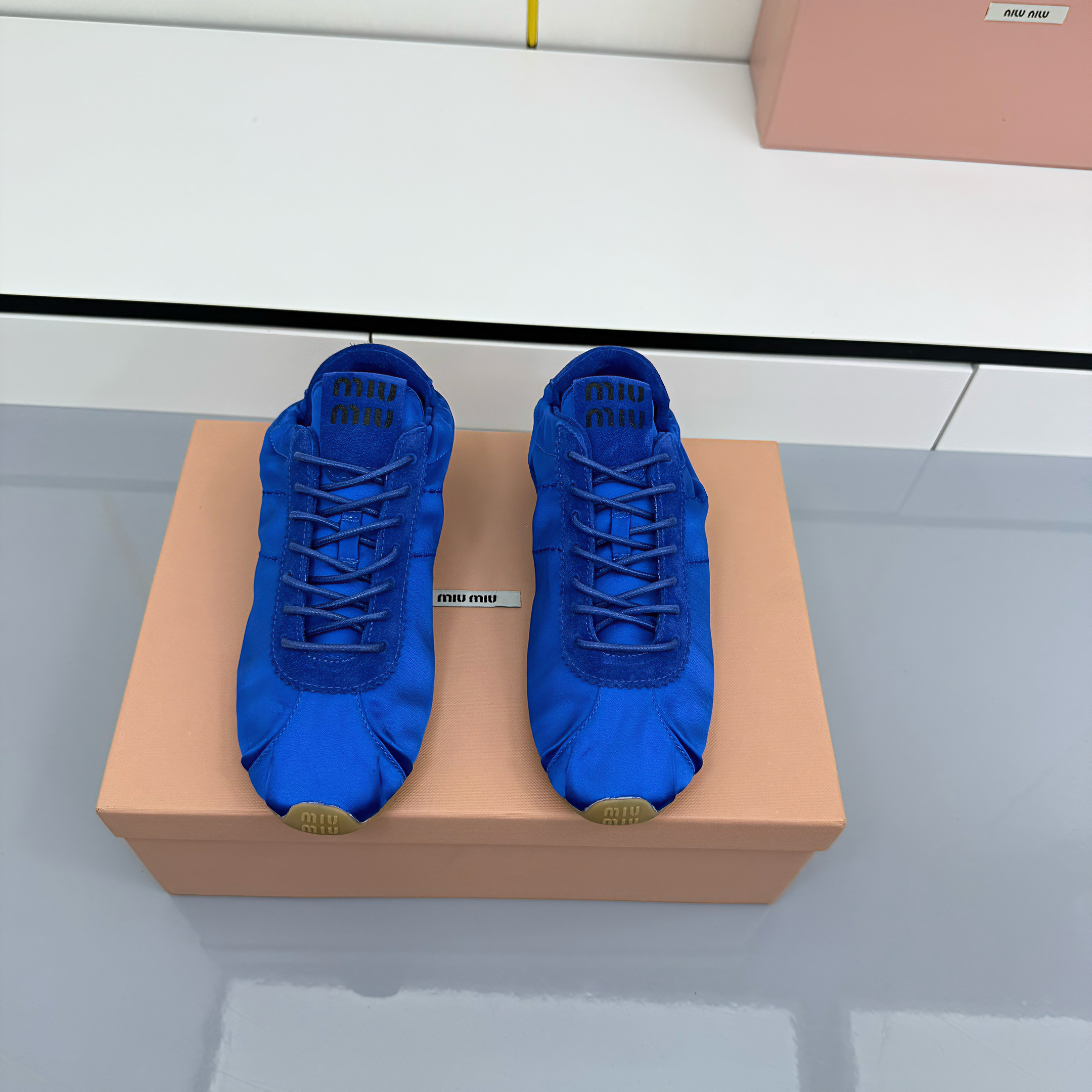 Miu Plume Sneakers Blue Satin 565675