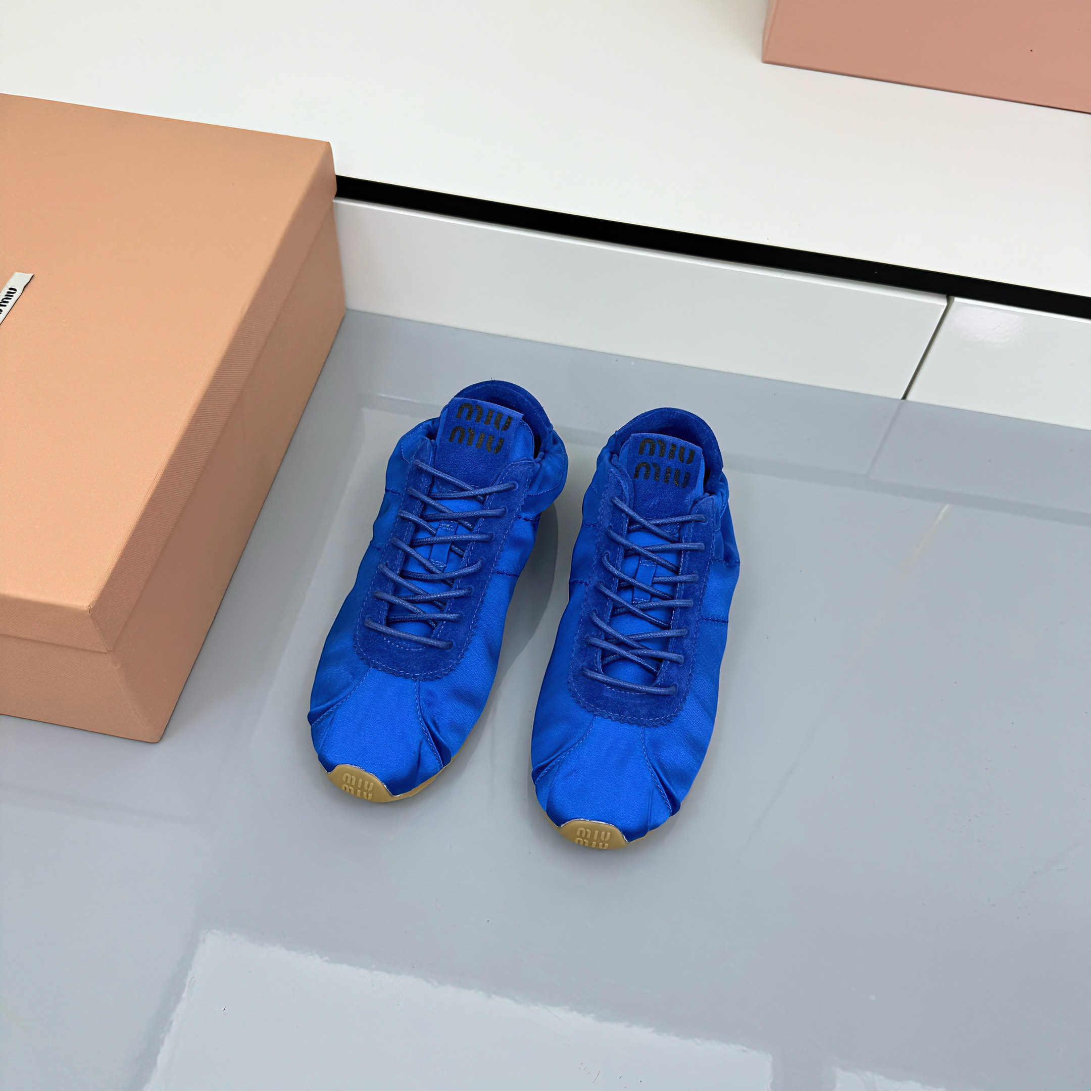 Miu Plume Sneakers Blue Satin 565675