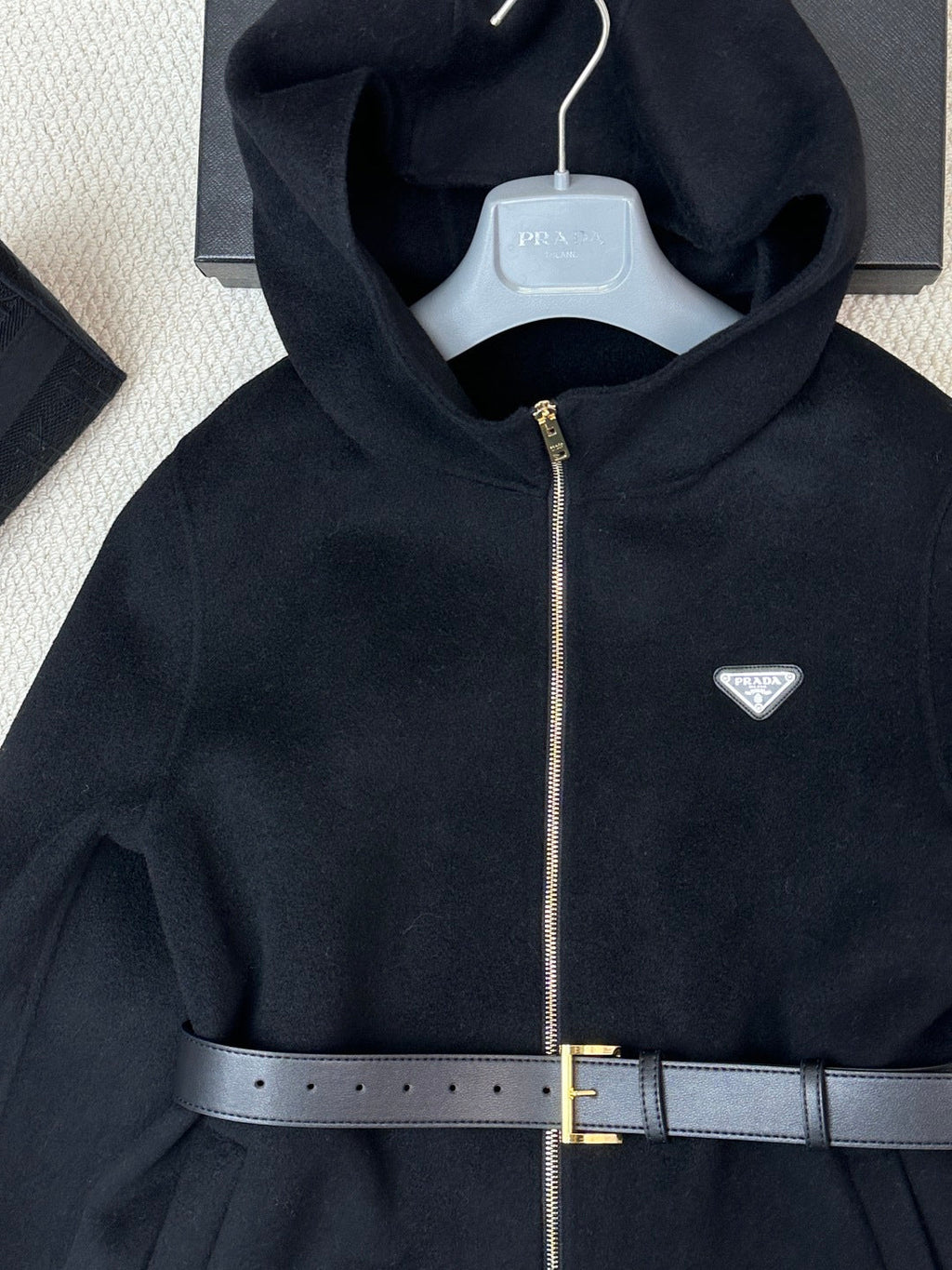 Prada 25 Mid-length Hooded Coat Black Wool 637355