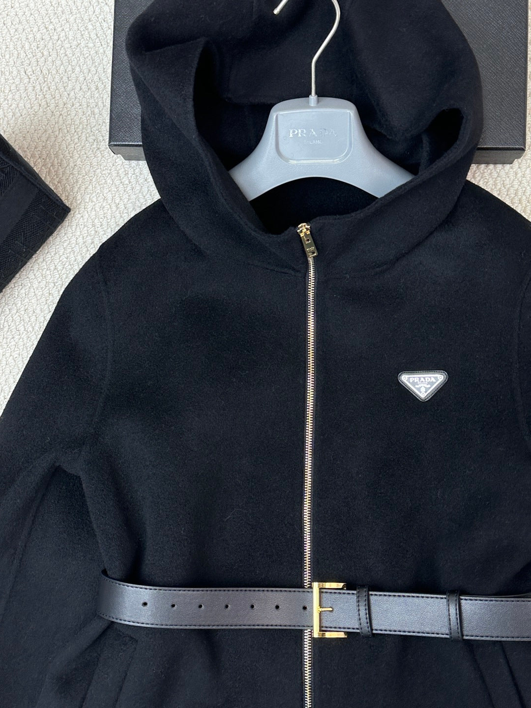 Prada 25 Mid-length Hooded Coat Black Wool 637355