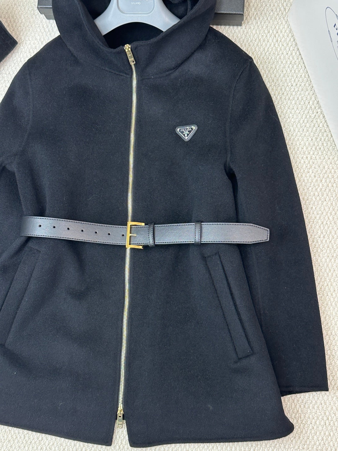 Prada 25 Mid-length Hooded Coat Black Wool 637355