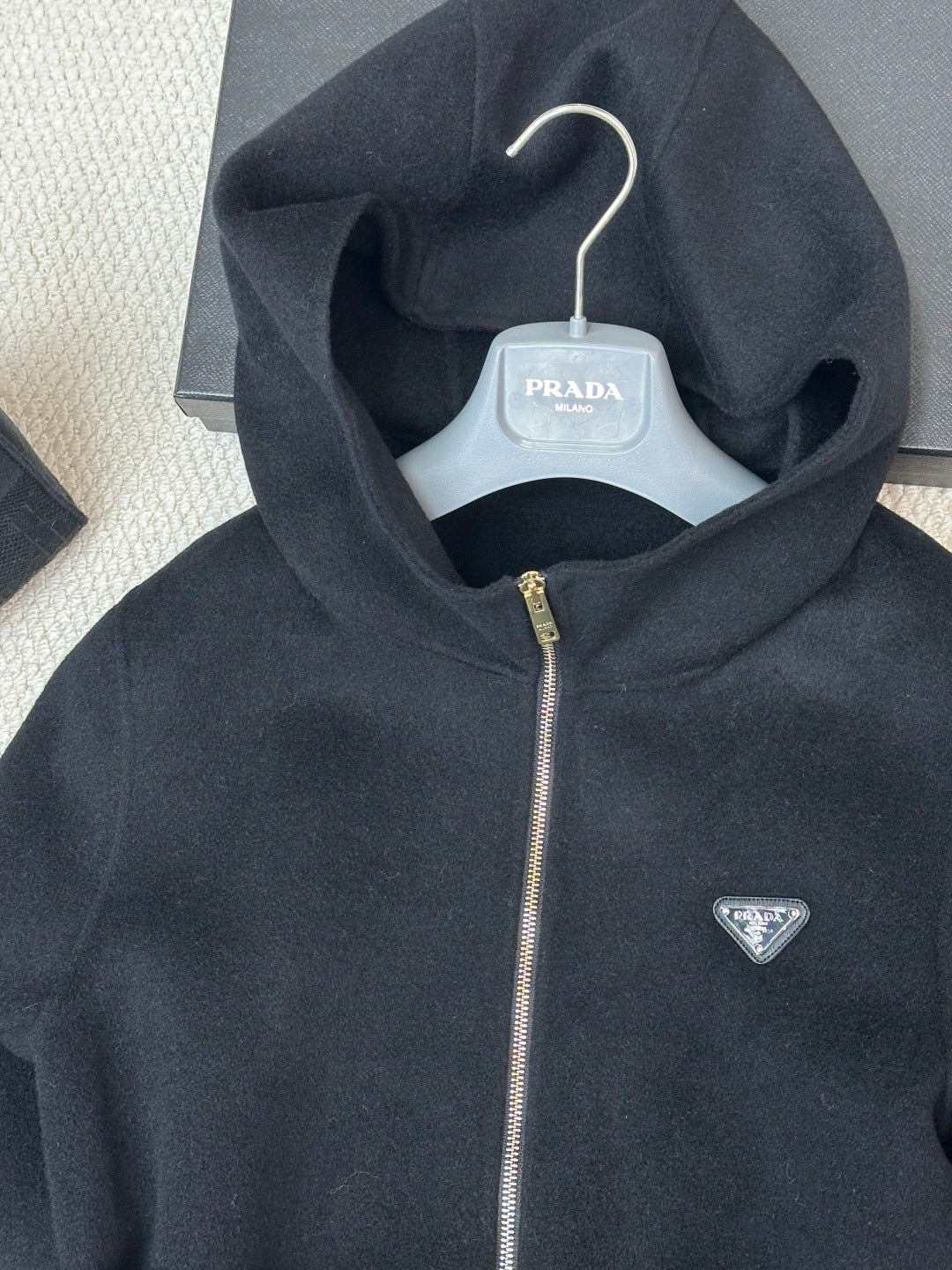 Prada 25 Mid-length Hooded Coat Black Wool 637355