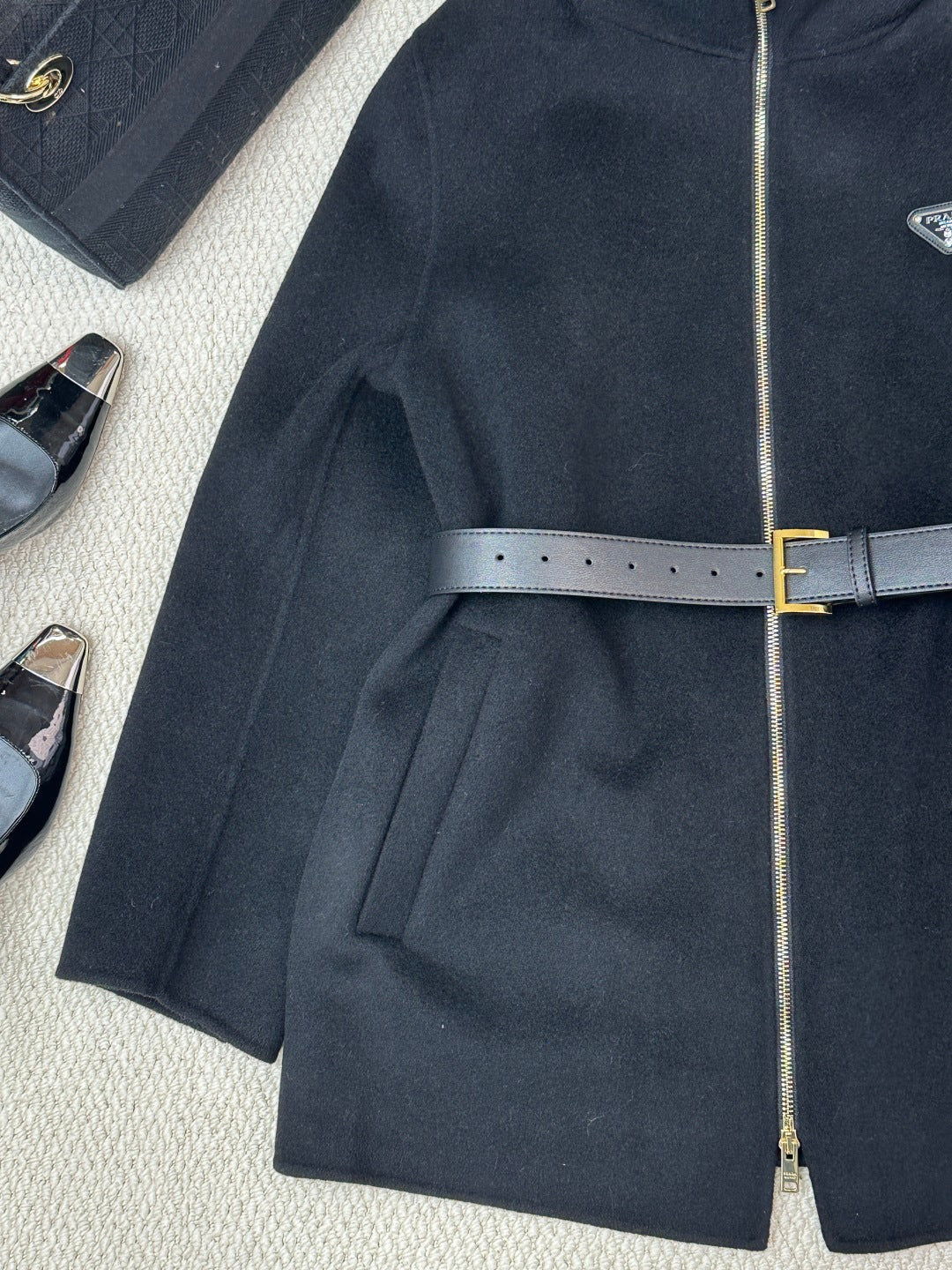 Prada 25 Mid-length Hooded Coat Black Wool 637355