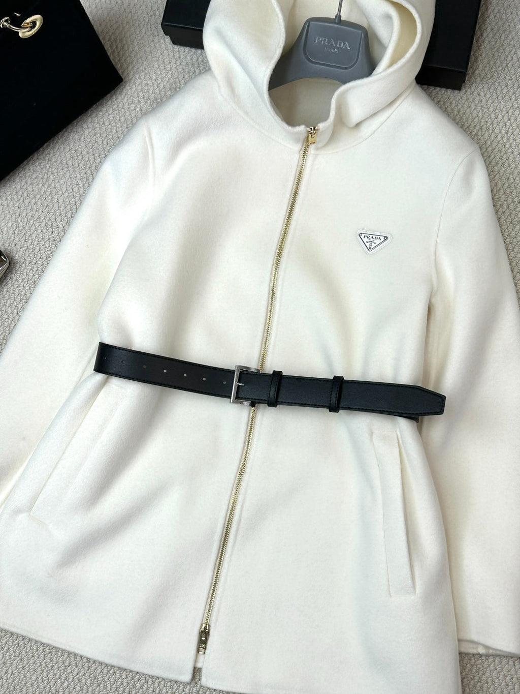 Prada 25 Mid-length Hooded Coat White Black Wool 637352