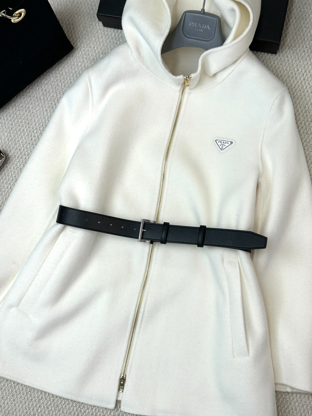 Prada 25 Mid-length Hooded Coat White Black Wool 637352