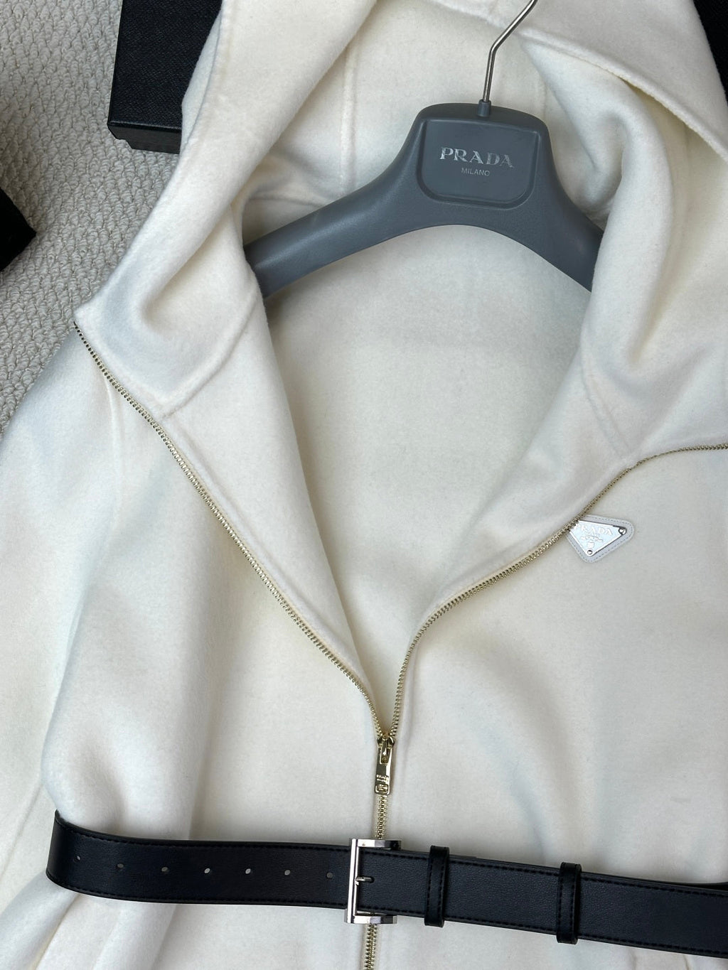 Prada 25 Mid-length Hooded Coat White Black Wool 637352
