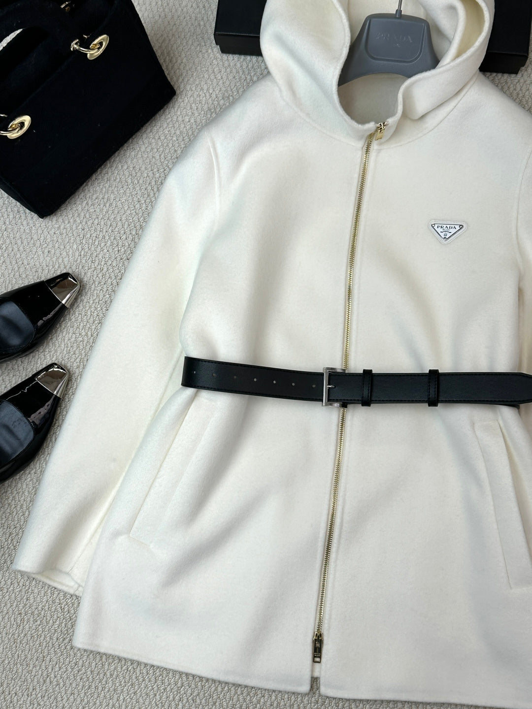 Prada 25 Mid-length Hooded Coat White Black Wool 637352