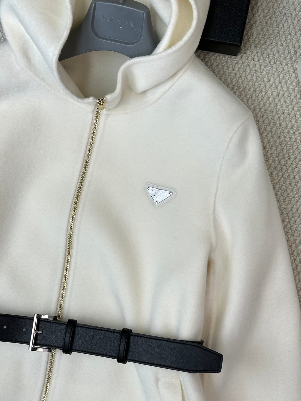 Prada 25 Mid-length Hooded Coat White Black Wool 637352