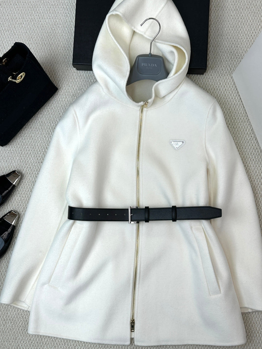 Prada 25 Mid-length Hooded Coat White Black Wool 637352
