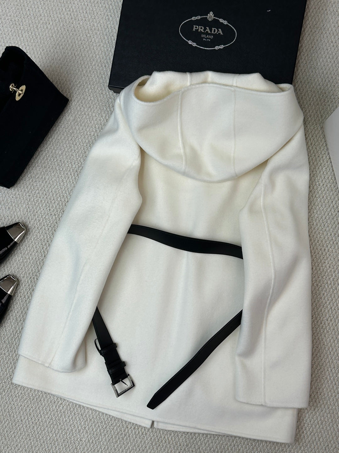 Prada 25 Mid-length Hooded Coat White Black Wool 637352