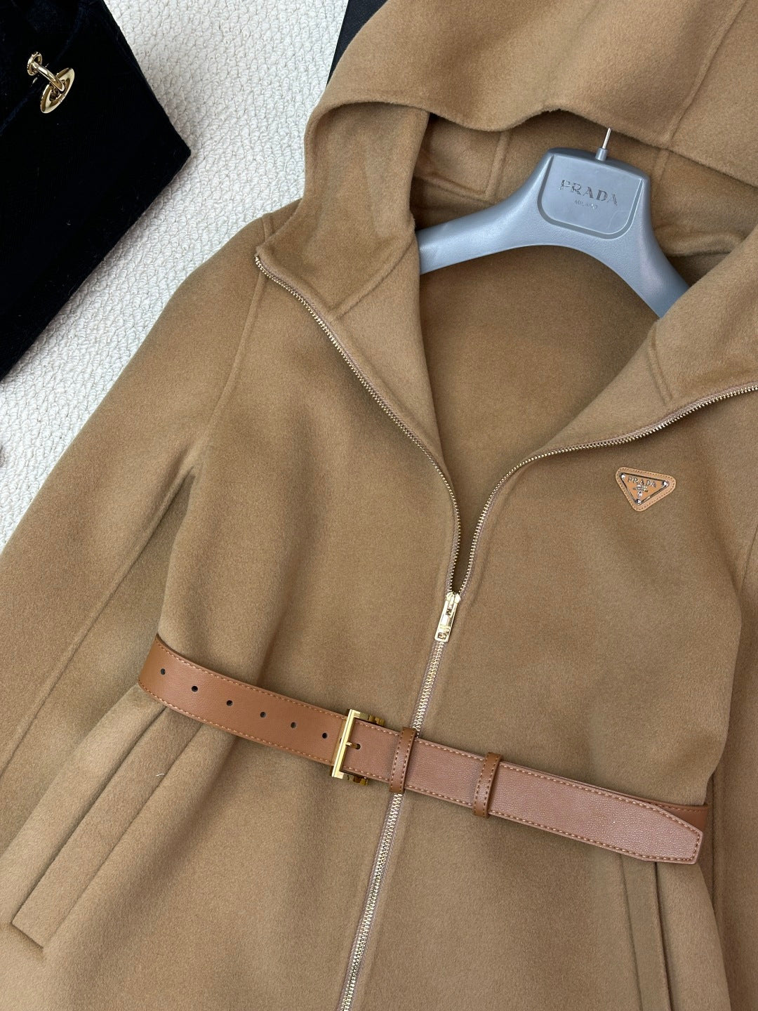 Prada 25 Mid-length Hooded Coat Camel Brown Wool 637354