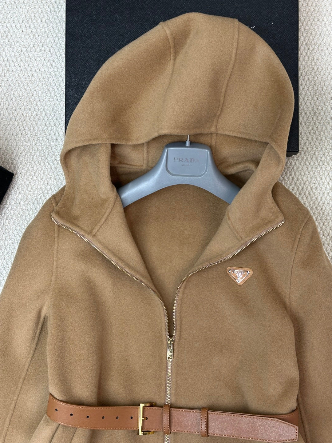 Prada 25 Mid-length Hooded Coat Camel Brown Wool 637354
