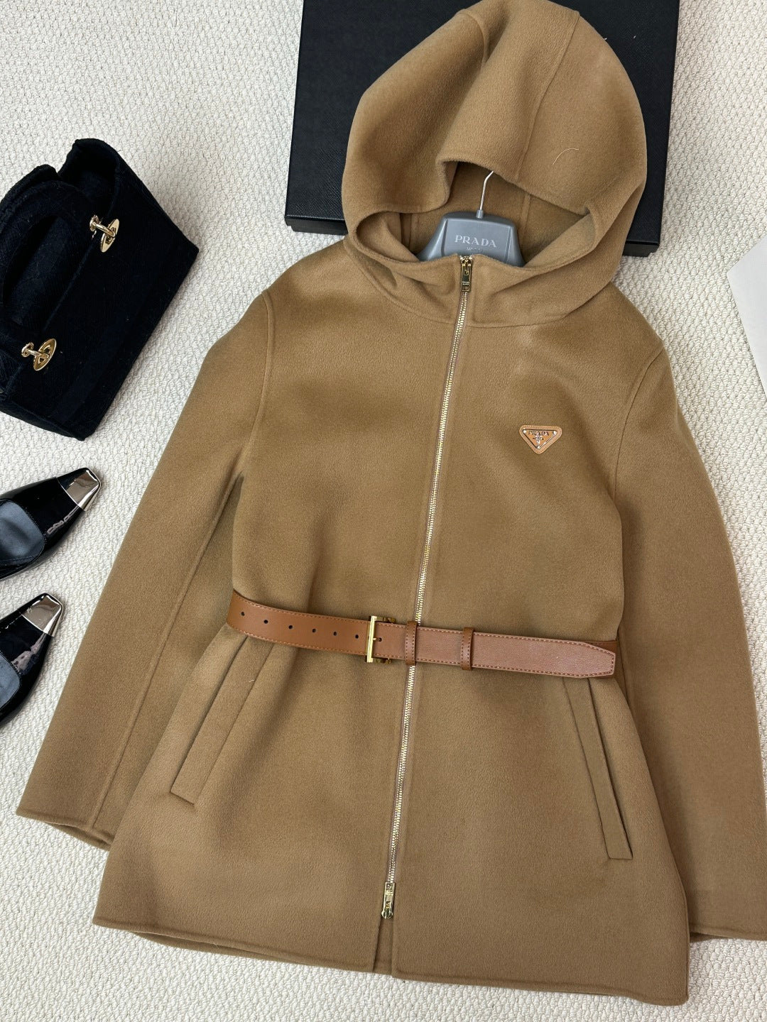 Prada 25 Mid-length Hooded Coat Camel Brown Wool 637354
