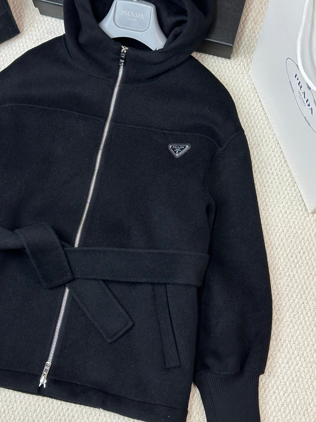 Prada 25 Hooded Coat Black Wool 637349